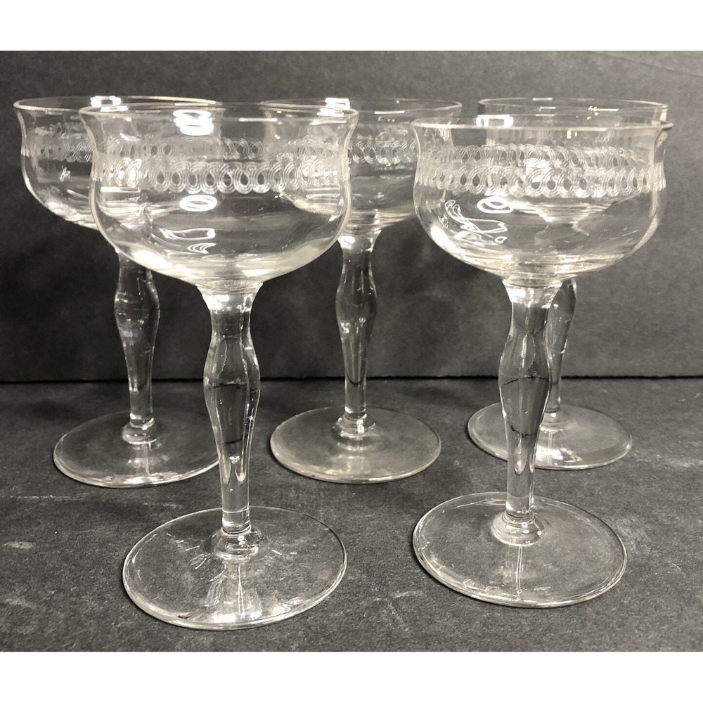 5 Franciscan Tiffin Needle Etch Optic Wedding Bands Brandy Whisky Glasses 1920s